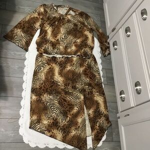 Zebra Cheetah Animal Print Asymmetrical 2 Pc Tie Neck Top and Skirt Set
